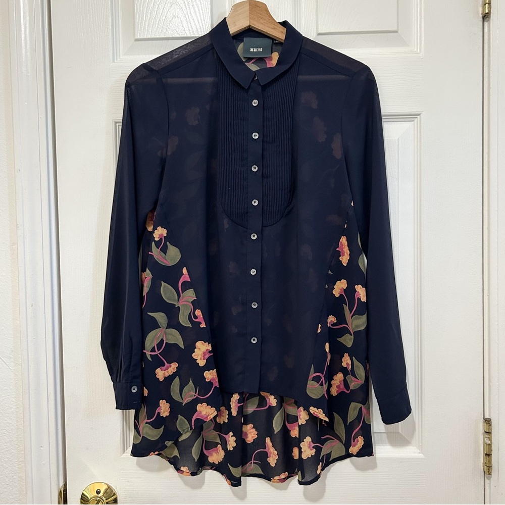 Maeve Anthropologie Top Womens 2  Navy Blue Floral Ira Pintuck Blouse Adult